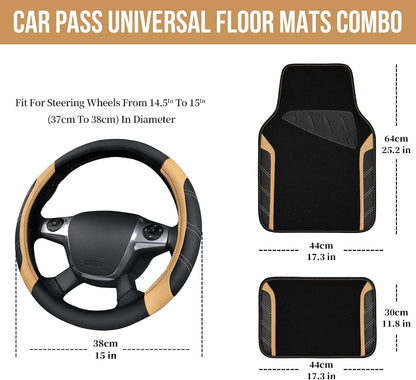 CAR PASS Air Mesh Leather Car Seat Covers Full Set, Waterproof Car Floor Mats, Sporty Steering Wheel Cover 14.5-15in, Universal Fits for 95% Cars Truck SUV (Black and Blue)