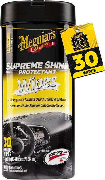 Meguiar's Supreme Shine Protectant Wipes - Convenient Protectant Wipes with UV Blocking for Durable Protection, Premium Car Wipe that Clean and Leave a Non-Greasy Glossy Shine, 30 Count
