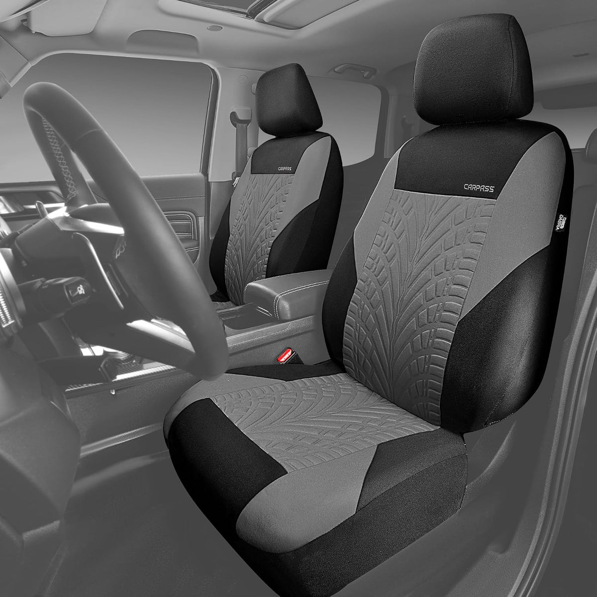 CAR PASS Car Seat Covers Full Sets, Front & Split Rear Bench for Car, 3D Tyre Embossed Automotive Interior Covers, Airbag Compatible, Quick Setup Universal Fit Seat Covers for Car, SUV(Charcoal)