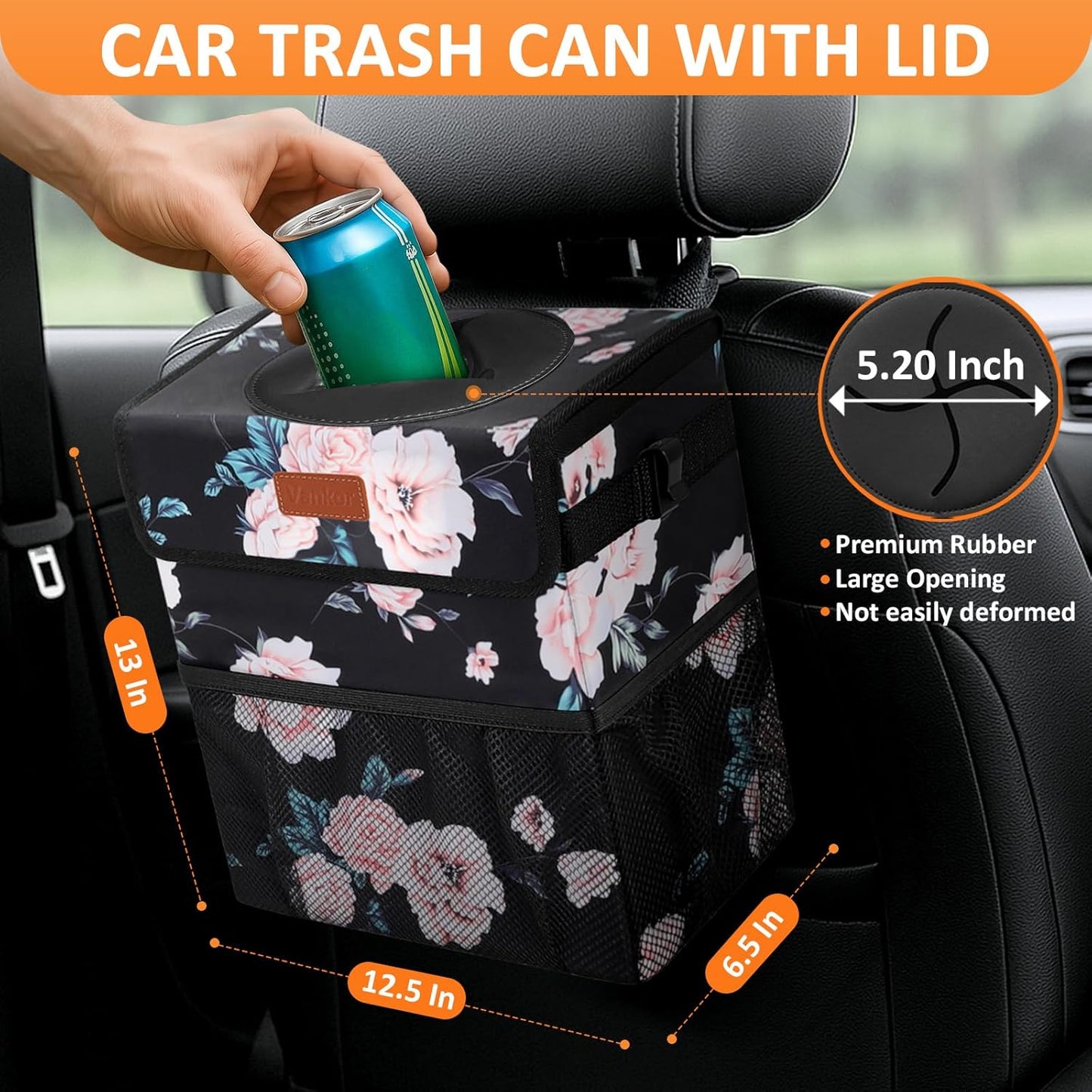 Vankor Car Trash Can Bin with Lid Hanging for Back Seat, Car Accessories for Women Men Leak Proof Automotive Garbage Cans Leakproof Vehicle Trash Can for Truck SUV Black