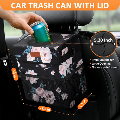 Vankor Car Trash Can Bin with Lid Hanging for Back Seat, Car Accessories for Women Men Leak Proof Automotive Garbage Cans Leakproof Vehicle Trash Can for Truck SUV Black