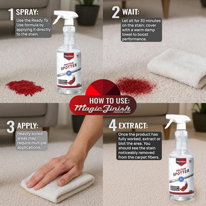 Magic Finish Protein Spotter (32 Oz) – Powerful Fabric and Carpet Stain Remover Spray – Lifts Blood, Pet Urine, Vomit, Food and Wine Stains – Clear, Unscented Spot Cleaner Solution