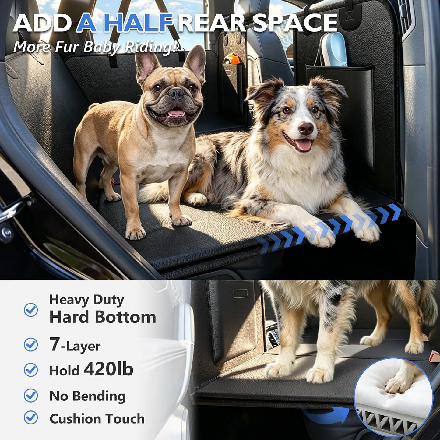 Back Seat Extender for Dogs-Large Space, Dog Car Seat Cover Hard Bottom Holds 420lbs, Sturdy Backseat Extender for Dogs,Upgraded Waterproof Pet Car Bed Dog Hammock for Car, SUV,Truck, Black