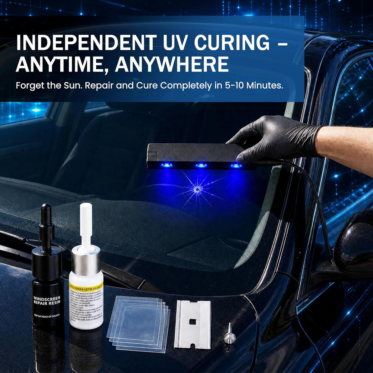 Upgraded Windshield Repair Kit for Chips & Cracks, Professional Windshield Crack Repair Kit with Type-C & UV Curing Light, Nano Car Glass Chip Repair Fluid for Star, Bulls-Eye & Long Cracks