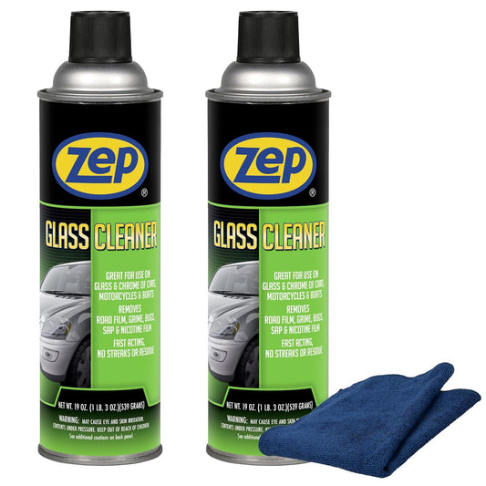 Zep Glass Cleaner 19 oz (2 Units) & a Blue Microfiber Rag ECBD032-2-Pack Streak-Free Auto and Home Glass Cleaner for Windshields, Tinted Windows, and Chrome Paired with a Reusable Rag