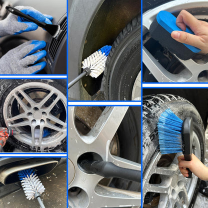 Car Wheel Brush Kit, Soft Drill Wheel Cleaner Brush, Tire Brush, Detailing Brush, and Detailing Pads, No Scratches Car Wheel Cleaning Kit for Wheels, Tires, Rims, Engines, Exhaust(Blue+White, 6 Pack)
