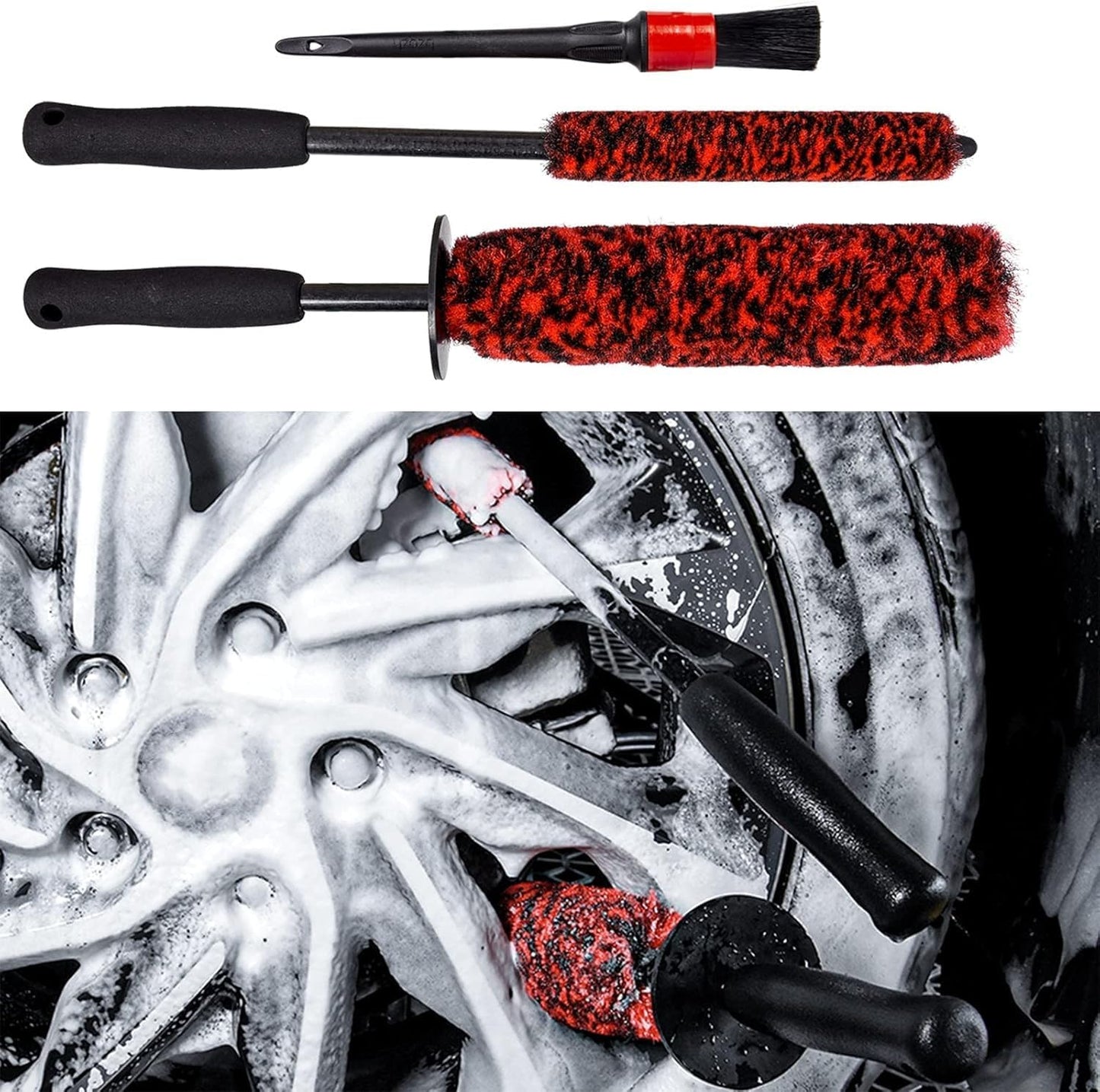 Car Wheel Rim Brush Kit, Woolies Wheel Brush, Car Cleaning Brush Fiber Rod, Steel Ring Fiber Cleaning Brush, Long Non-Slip Handle Clean Brush, Great to Clean Car Wheel Rim
