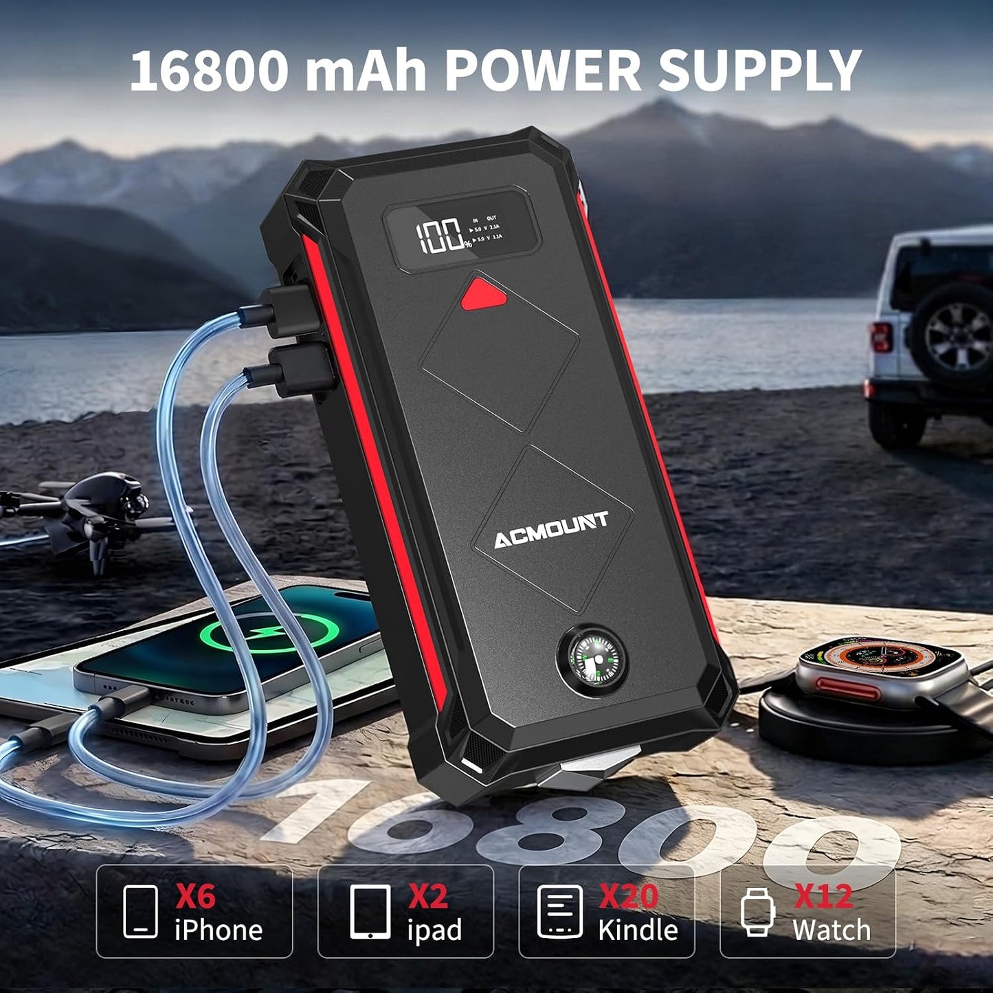 W160 Jump Starter with Air Compressor, 5000A Portable Car Jump Starter 150PSI Tire Inflator/Air Pump, 12V Battery(Up to 9L Gas/8L Diesel Engine) Jump Pack Car Emergency Kit Idea Gift for Man (Silver)