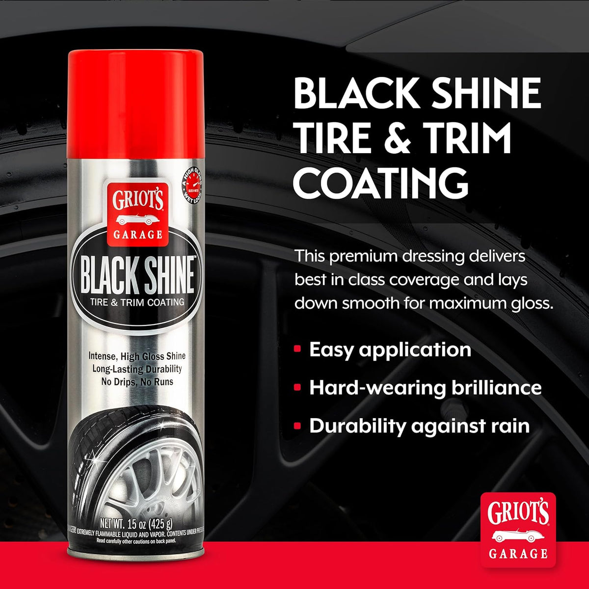 Griot's Garage Black Shine Tire and Trim Coating, Water-Resistant Dressing, Provides a High-Gloss Finish, Rain, and UV Protection, 10938, 15oz