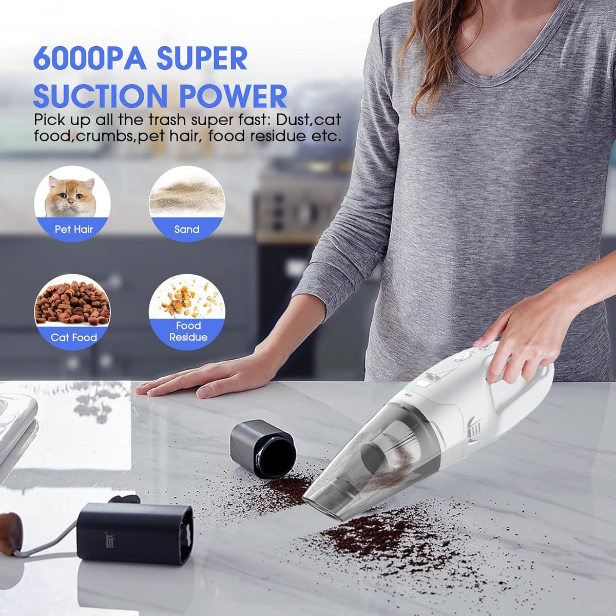 YOOHI Handheld Vacuum Cordless Rechargeable – 6000Pa Mini Hand Held Vacuum, LED Light, 20–25 Mins Runtime, USB Charging, 500ML Cup – Lightweight Small Vacuum Cleaner Cordless for Car/Office/Home