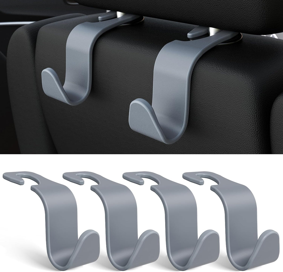 Amooca 4-Pack Car Headrest Hooks Vehicle Storage Organizer for Purses Handbags Groceries Backpack Coats –Holds 55lbs 360° Rotating Black