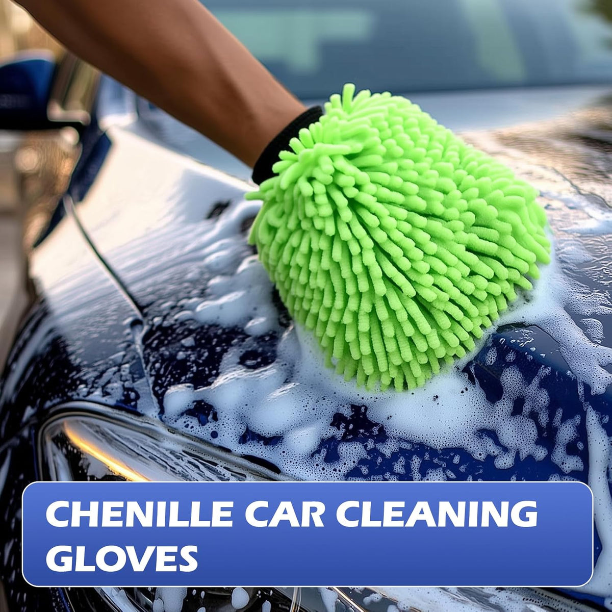 4Pcs Car Wash Mitt Microfiber Gloves Chenille Material Microfiber Towels for Car Washing Supplies Kit Scratch Free Cleaning Fluorescent Green + Royal Blue