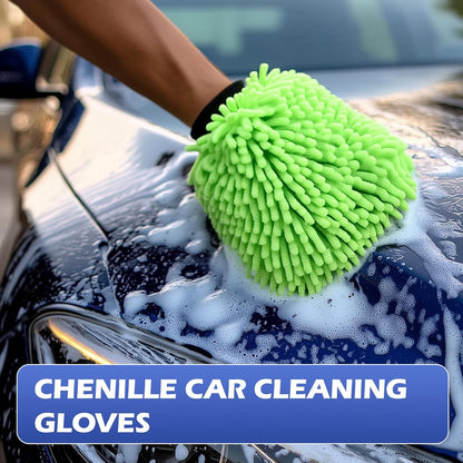 4Pcs Car Wash Mitt Microfiber Gloves Chenille Material Microfiber Towels for Car Washing Supplies Kit Scratch Free Cleaning Fluorescent Green + Royal Blue