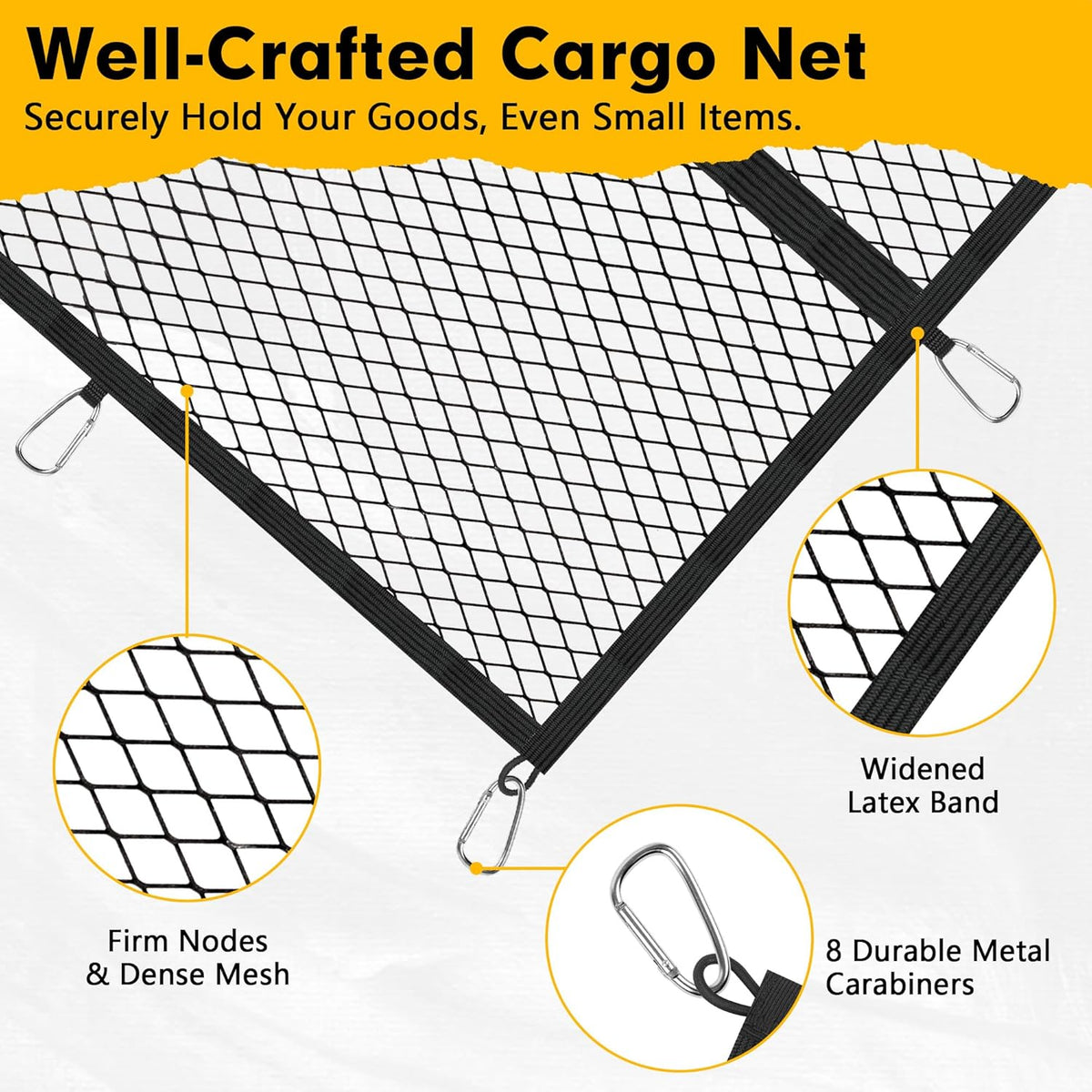 Cargo Net for Pickup Truck Bed 4'×4' Stretches to 7'×7', Highly Elastic Truck Bed Net with Fine Mesh & 8 Strong Metal Carabiners, Easy to Install Cargo Netting for Vehicles, Trailers, Boats