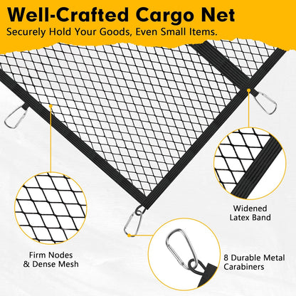 Cargo Net for Pickup Truck Bed 4'×4' Stretches to 7'×7', Highly Elastic Truck Bed Net with Fine Mesh & 8 Strong Metal Carabiners, Easy to Install Cargo Netting for Vehicles, Trailers, Boats