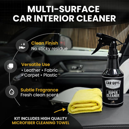 CAR Guys Super Cleaner | Interior Car Cleaner for Tough Stains | Stain Remover for Car Seats, Carpet, Upholstery, & Leather | 18 Oz Kit with Microfiber Towel