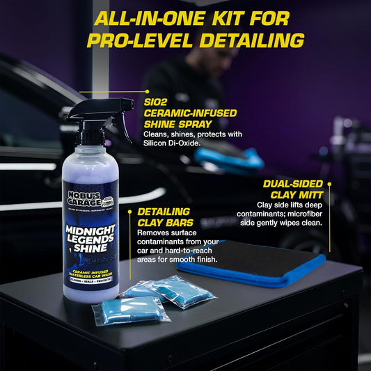 Nobu's Garage - Clay Mitt & Clay Bars Auto Detailing Kit with Waterless Car Wash Ceramic Detail Spray - Car Detail Spray & Lubricant, Quick Detailer Cleaner & Luber - Automotive Claybar Glove