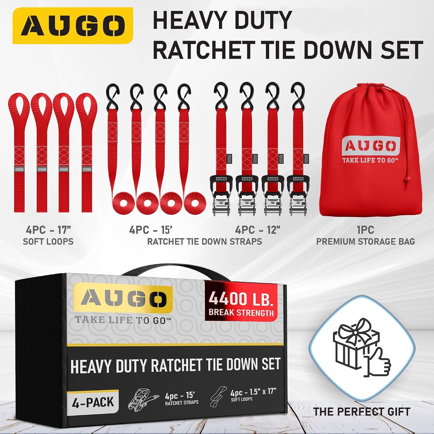 AUGO Ratchet Straps Heavy Duty 4 Pack -15 FT - 2200 LB Break Strength – with Safety Lock S Hooks - Cargo Straps for Moving, Appliances, Motorcycle – Soft Loop Tie Down Straps