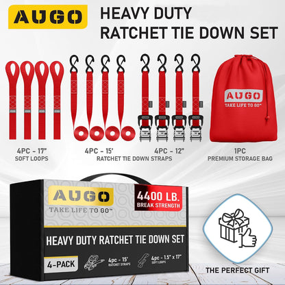 AUGO Ratchet Straps Heavy Duty 4 Pack -15 FT - 2200 LB Break Strength – with Safety Lock S Hooks - Cargo Straps for Moving, Appliances, Motorcycle – Soft Loop Tie Down Straps