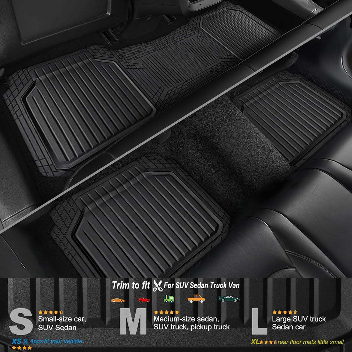 CAR PASS Heavy Duty Rubber Floor Mats for Car, Waterproof Liner Deep Dish Car Mats Full Sets, Universal Trim to Fit for SUV Truck Sedans Vans, All Weather Automotive Floor Mats 3pcs, Solid Black
