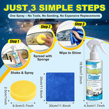 Headlight Cleaner & Restorer Kit – Instant Oxidation, Yellowing & Road Grime Remover – Revives Cloudy Headlamps to Crystal Clear – Includes Sponge & Towel – 5oz/150ml for Cars, Trucks & SUVs