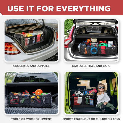 TRUNKCRATEPRO Trunk Organizer For Car, Suv, Truck | Premium Adjustable Multi Compartments Collapsible Car Trunk Organizer With Securing Straps & Non-Slip Bottom (Large Size, Black)