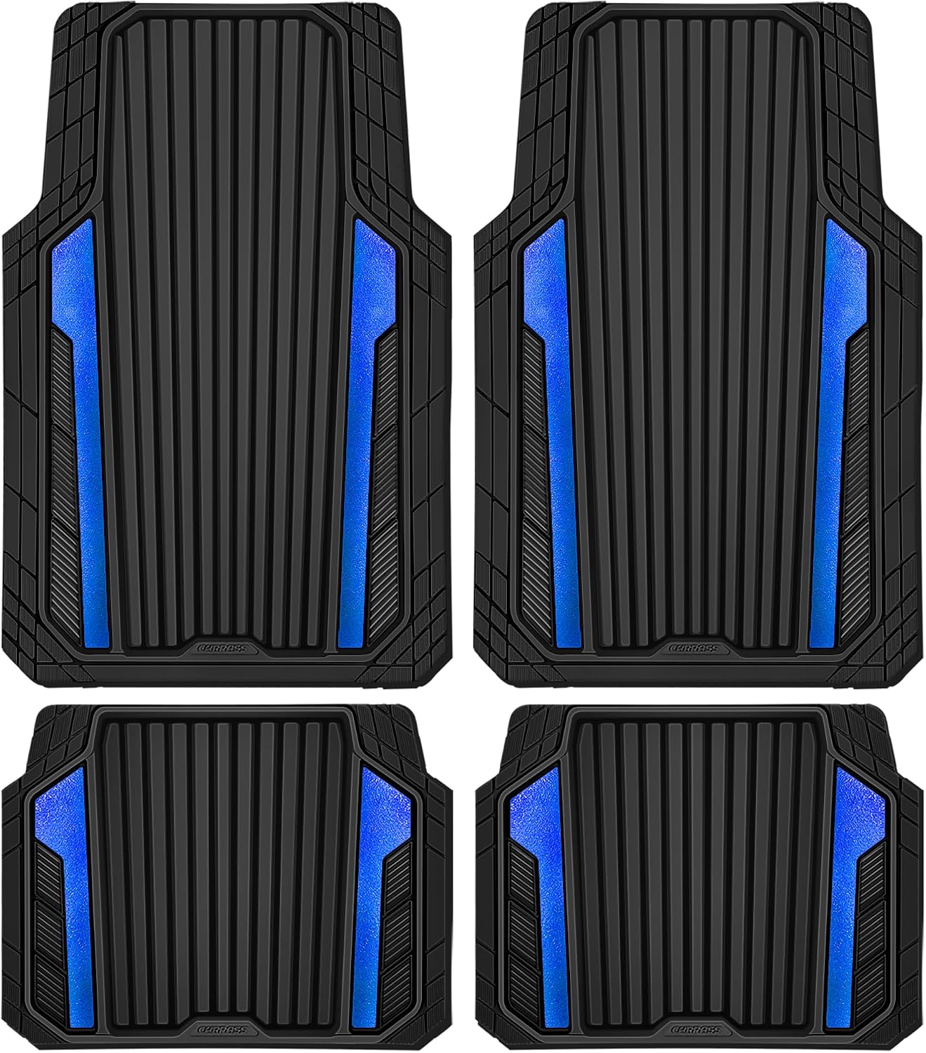 CAR PASS Heavy Duty Rubber Car Mats Metallic, Aluminum Film All Weather Floor Mats Waterproof Universal Trim to Fit Automotive SUV Sedan Van 4 Piece Anodized Deep Dish Two-Tone Sporty Black Red Chrome