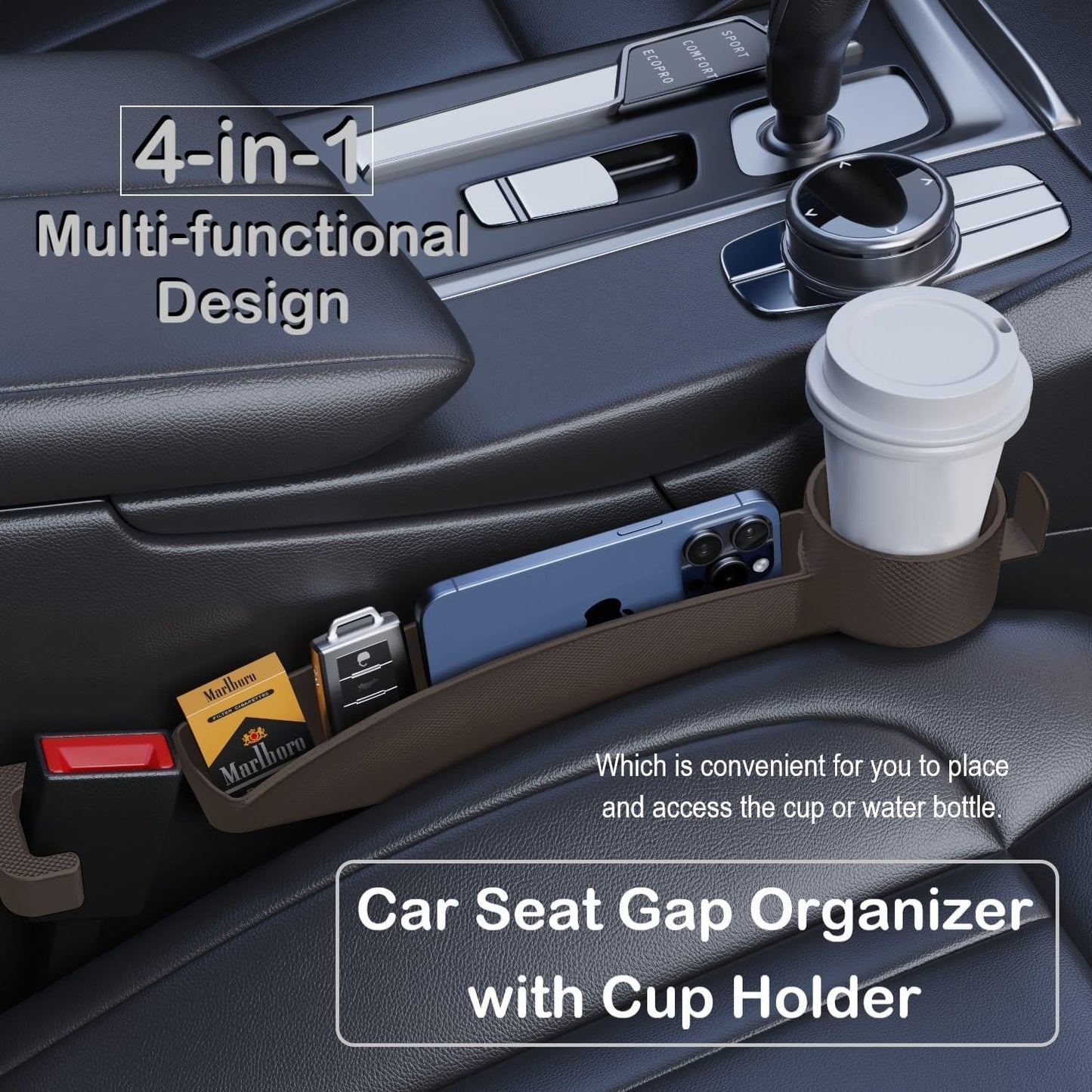 Car Seat Gap Plug with Storage Slot, Auto Gap Filler Organizer with Cup Holder, Universal Carseat Side Gap Filler Strip 2 Pack Between Front Seats & Console, Anti-Drop Pad with Seatbelt Holes, Black