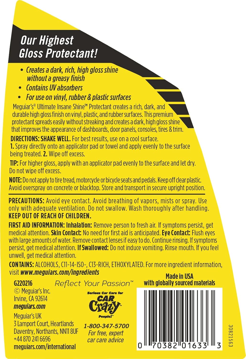 Meguiar's G220216 Ultimate Insane Shine Protectant, Car Cleaning Spray That Creates a Lasting and Glossy Shine, Auto Care Product Safe for Exterior and Interior Surfaces, 16 Oz