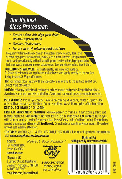Meguiar's G220216 Ultimate Insane Shine Protectant, Car Cleaning Spray That Creates a Lasting and Glossy Shine, Auto Care Product Safe for Exterior and Interior Surfaces, 16 Oz