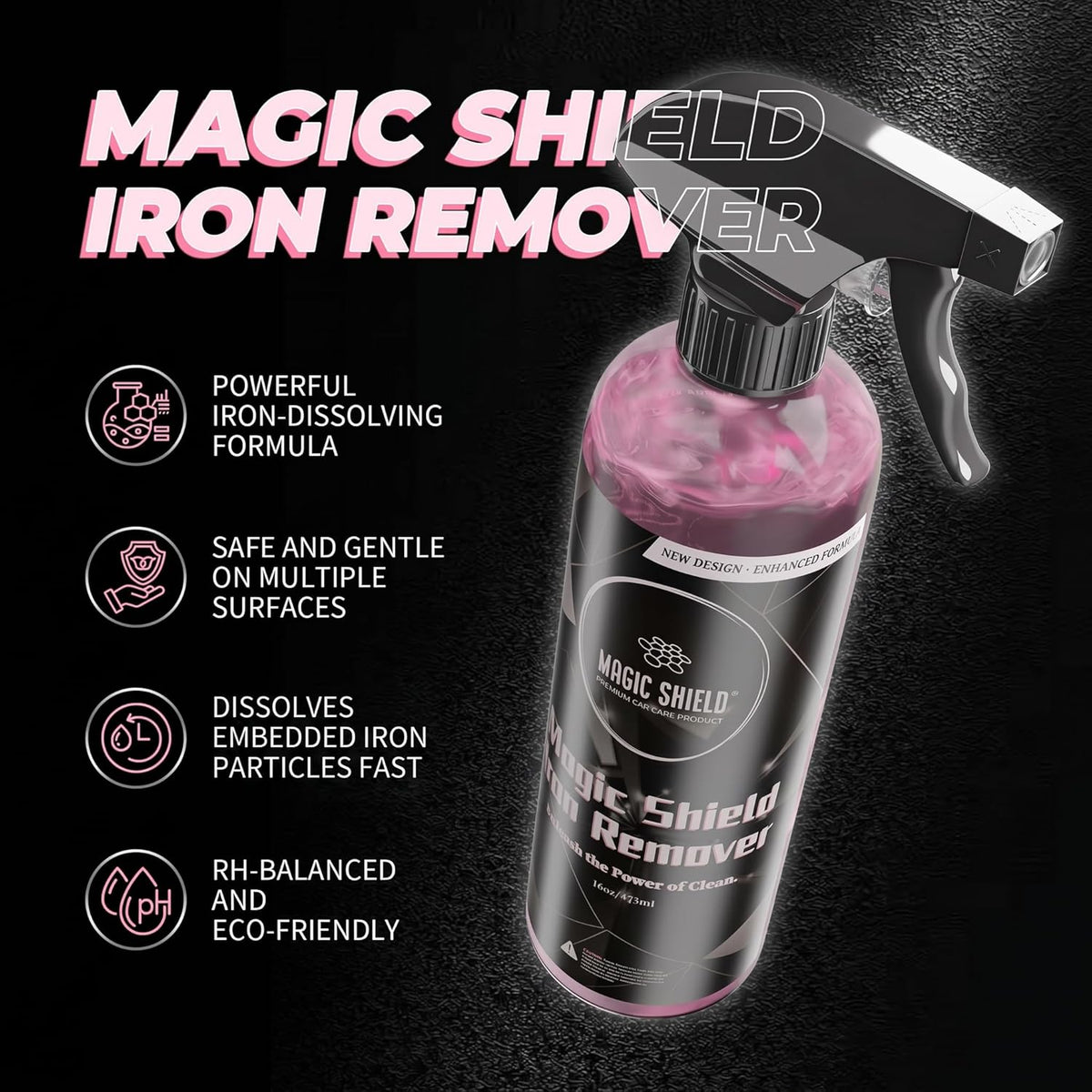 Magic Shield Iron Remover Spray for Cars 16oz - pH-Neutral Iron and Fallout Remover for Car, Motorcycle, RV & Boat | 5-Minute Reaction, Effective on Wheels & Paint | All-In-One Solution