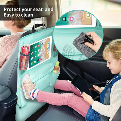 LUCMO Car Backseat Organizer with Tablet Holder,6 Storage Pockets Car Storage Organizer with Foldable Food Tray,Protectors Kick Mats Travel Accessories-Black
