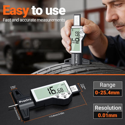 Preciva Tire Tread Depth Gauge, Digital Tire Depth Gauge with Large LCD Display and Inches, Millimeters, Fraction Conversion, Tread Depth Gauge Suitable for Thread Depth, Brake Shoe and Pad Wear