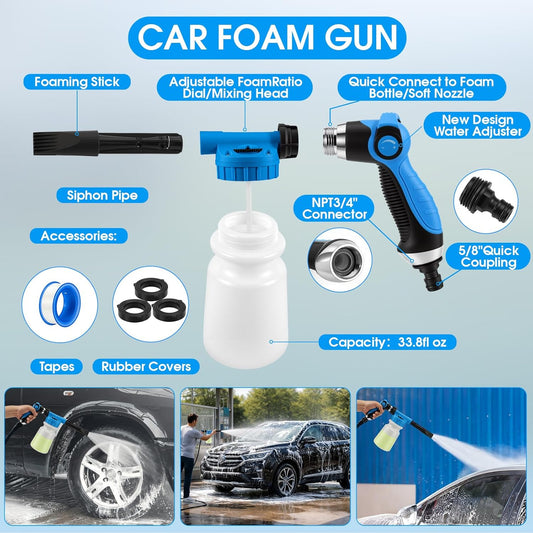 36Pcs Blue Car Wash Detailing Kit，Car Cleaning Set with Foam Gun Sprayer，Long-Handle Brush Mop，Large Collapsible Bucket，Complete Car Wash Supply Gift for Men and Women