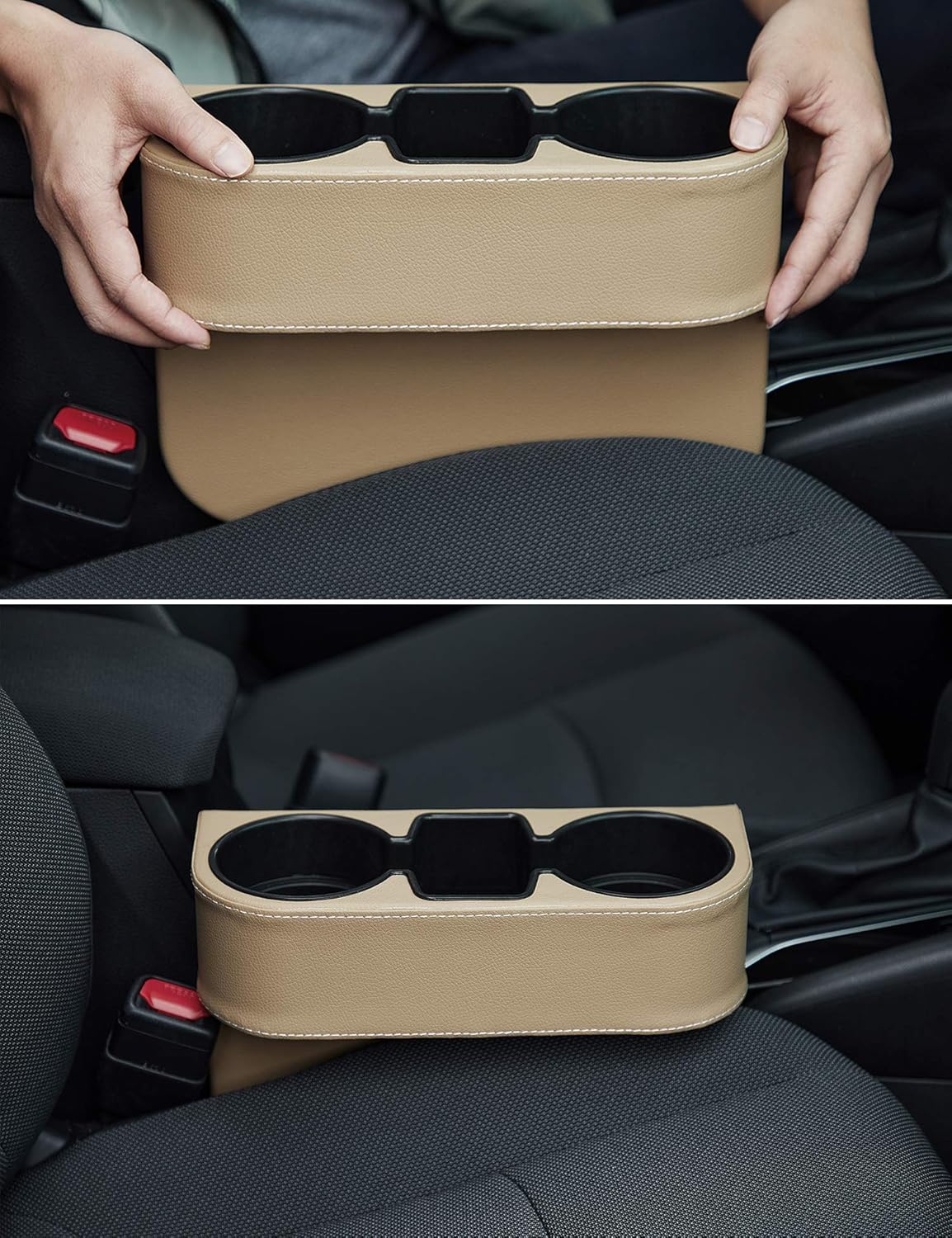 IOKONE Car Cup Holder, Auto Cup Drink Holders，Multifunctional Auto Front Seat Organizer with PU Leather Cover, Gap Filler Storage Box Coin Bucket Console Side Pocket Cell Mobile Phone Holder (Black)