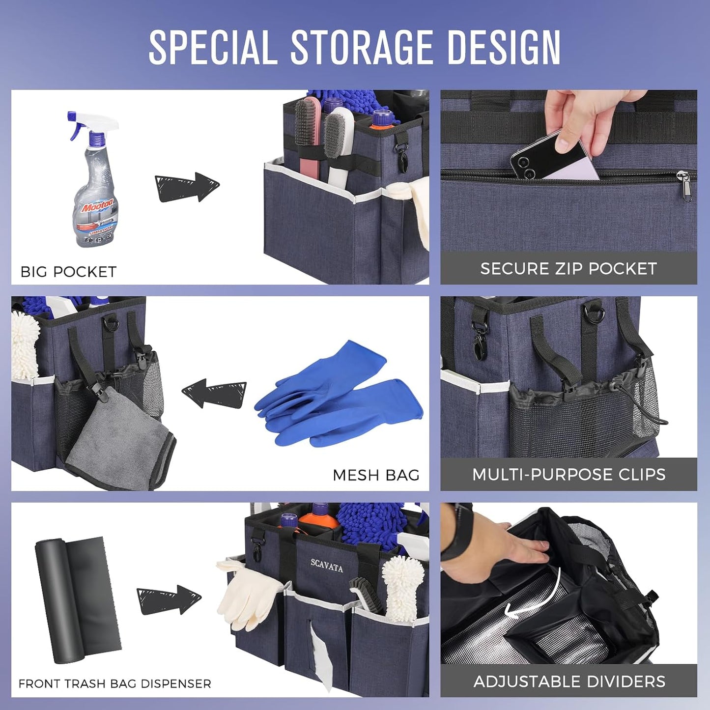 SCAVATA Wearable Cleaning Caddy Bag, Supplies Organizer with Handle & Shoulder Straps for Housekeepers, Under Sink & Car Cleaning Tool Organizer with 4 Foldable Dividers (Black)