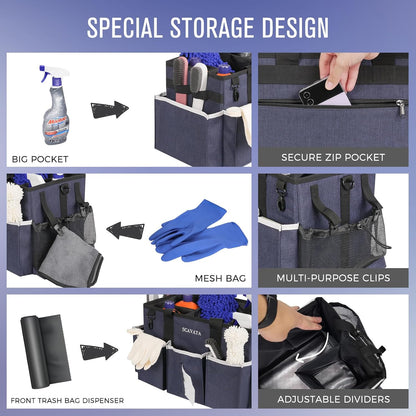 SCAVATA Wearable Cleaning Caddy Bag, Supplies Organizer with Handle & Shoulder Straps for Housekeepers, Under Sink & Car Cleaning Tool Organizer with 4 Foldable Dividers (Black)