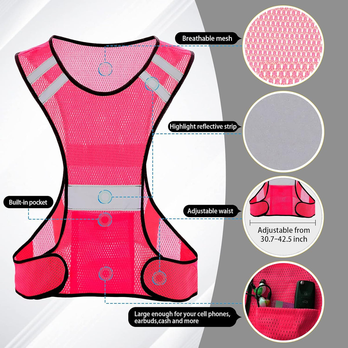 TCCFCCT Reflective Running Vest, High Visibility Running Gear with Large Pocket