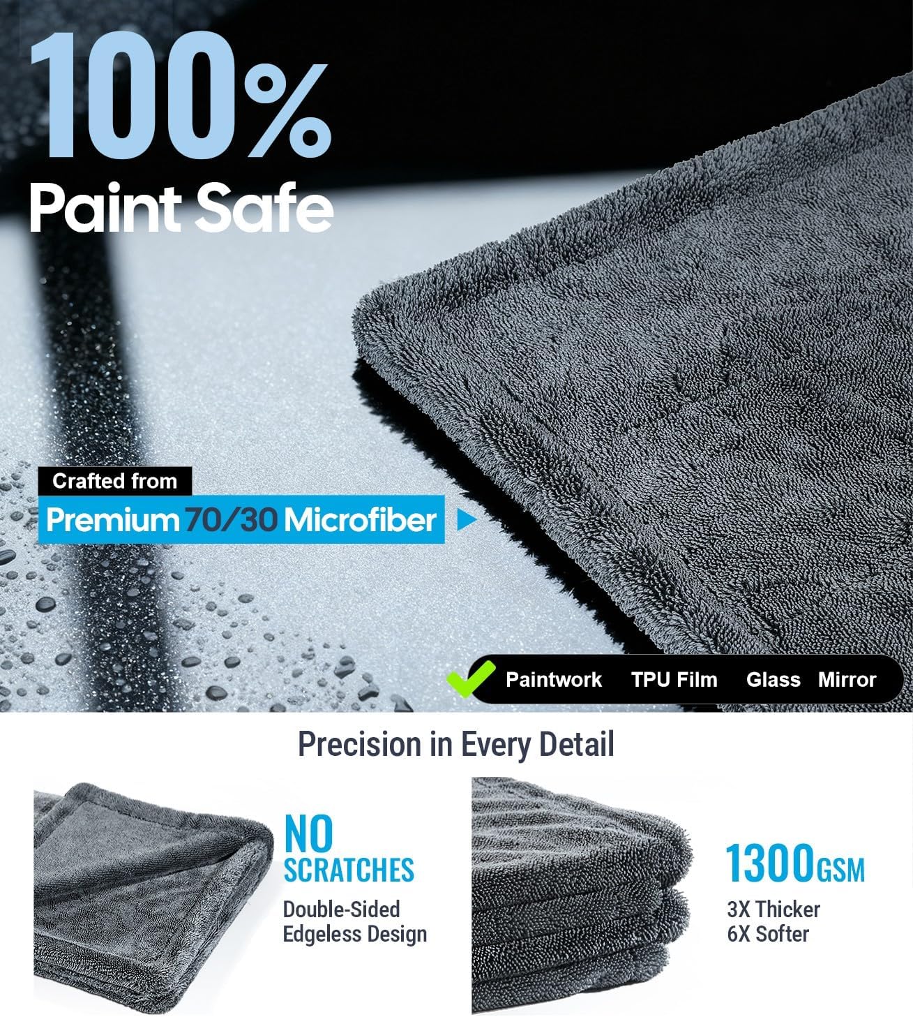 Wigoo Premium Microfiber Car Drying Towel 1300 GSM, 36" x 24" [Ultra-Absorbent, Streak-Free] Dual-Sided Edgeless Cleaning Towels with Twisted Loop, for Auto Detailing, Cars, SUV, Truck (2 Sizes)