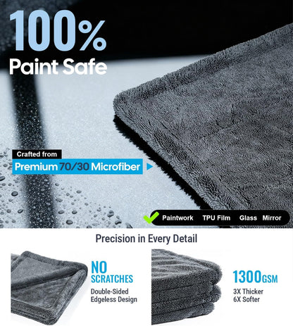 Wigoo Premium Microfiber Car Drying Towel 1300 GSM, 36" x 24" [Ultra-Absorbent, Streak-Free] Dual-Sided Edgeless Cleaning Towels with Twisted Loop, for Auto Detailing, Cars, SUV, Truck (2 Sizes)