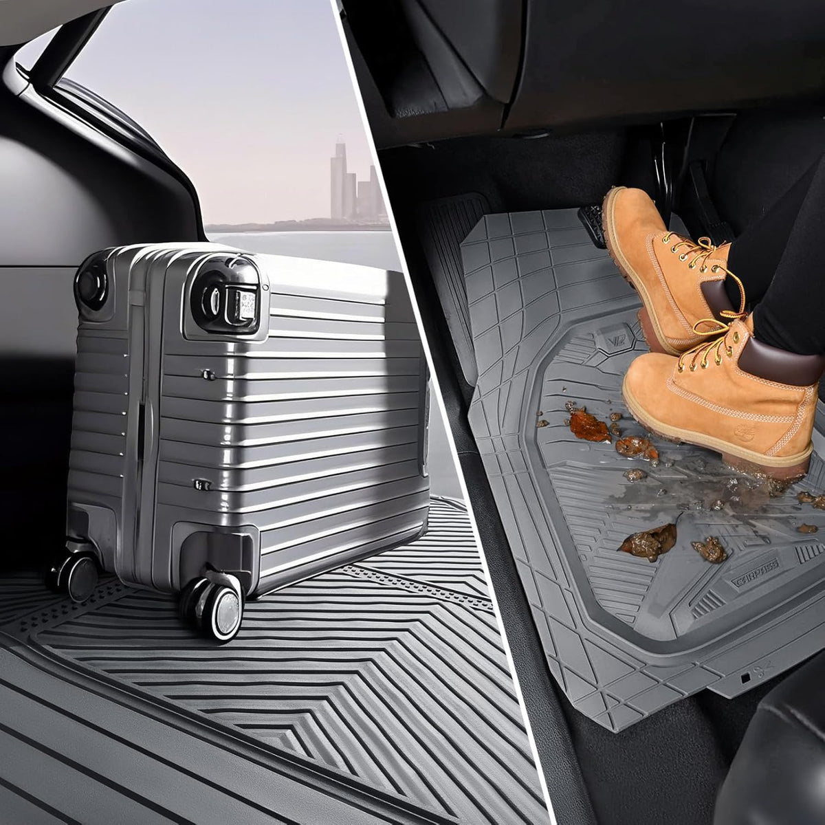 CAR PASS Heavy Duty Rubber Car Mats with Cargo Liner, Deep-Dish Car Floor Mats and Trunk Mat All Weather, Universal Trim-to-Fit for SUVs Trucks Sedans, Waterproof Anti-Slip, Trimmable V12 Black