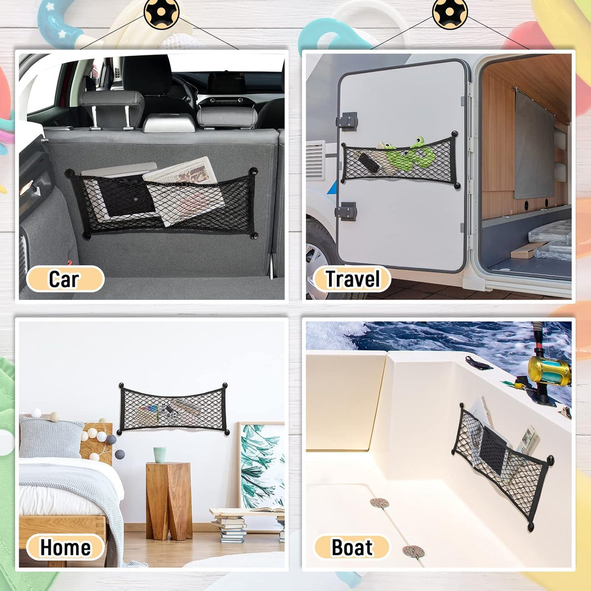 Frienda 2 Pieces Stretchable Small Cargo Net Pocket Storage Mesh Net Elastic Automotive Storage Pouch with 8 Pieces Mounting Screws and Hooks for Truck Car SUV Boats(21 x 9.8 Inches)