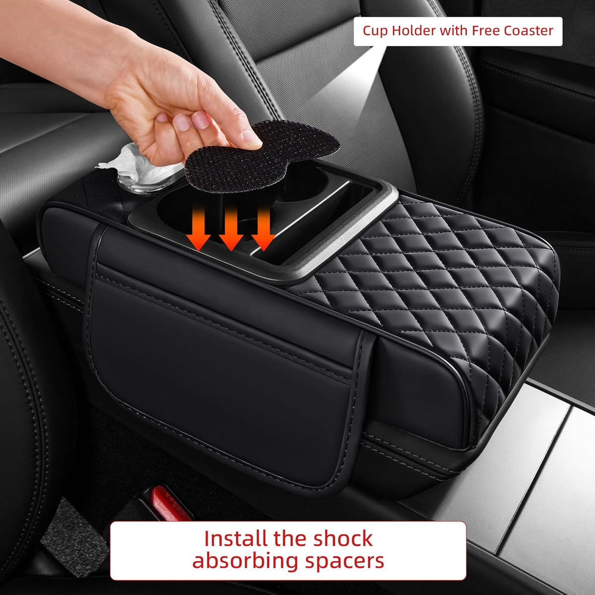 5 in 1 Car Center Console Cover, Armrest Pad with 2 Storage Pockets, Cup Holder, Tissue Slot, Phone Holder, Nappa Leather Memory Foam Car Accessories for SUV Sedan Truck (Black)