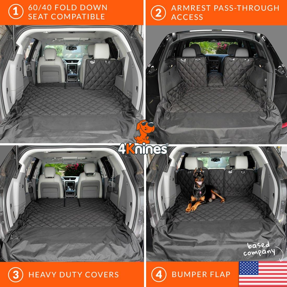 4Knines Split Cargo Liner for SUV – For Dogs & Pets, Heavy-Duty, Waterproof Trunk Mat & Cargo Cover – Fits 60/40 Split Bench & Armrest Pass-Through – Machine Washable, Non-Slip, Durable (Large, Black)