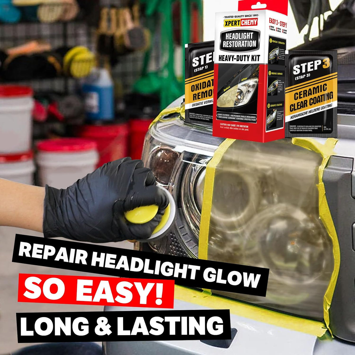 XPERTCHEMY Headlight Restoration Kit-Headlight Cleaner Removing The Heavy-Duty Yellowing, Clouding and Stains, Even Buffs Out Unsightly Hairline Scratches,No Power Tools Needed