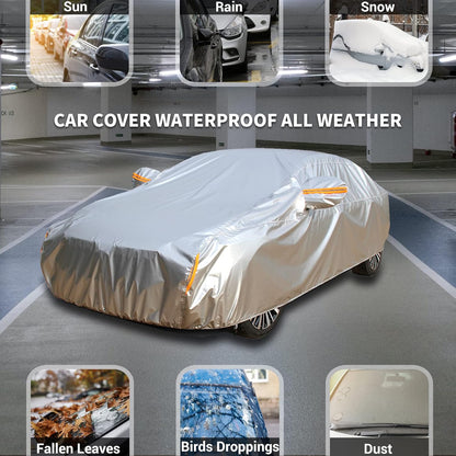 Tecoom Heavy Duty Multiple Layers Car Cover All Weather Waterproof Windproof Reflective Snow Sun Rain Protective Outdoor with Buckles and Belt Fit 191-200 Inches Sedan