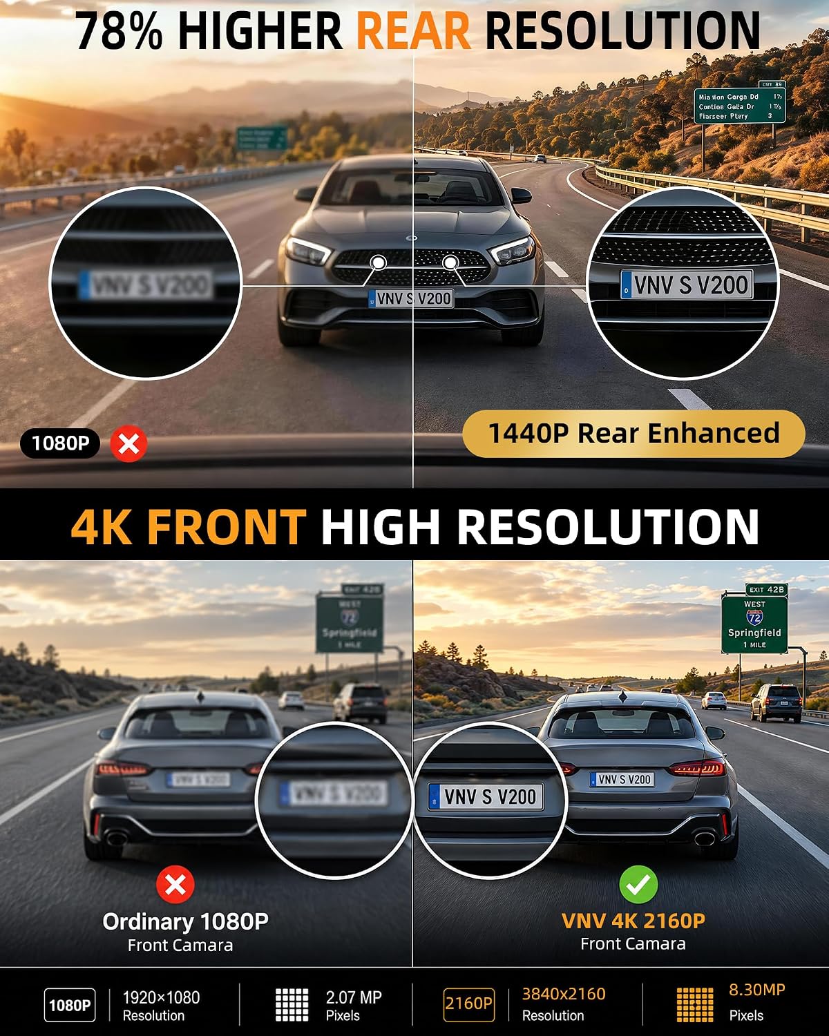 VNV 4K+2.5K Dash Cam Front and Rear, GalaxyCore Sensor, Free 64GB Card Included, Built-in WiFi App Control, Dash Camera for Cars with WDR Night Vision,170°Wide Angle, 24H Parking Mode, 2" IPS, S-V200