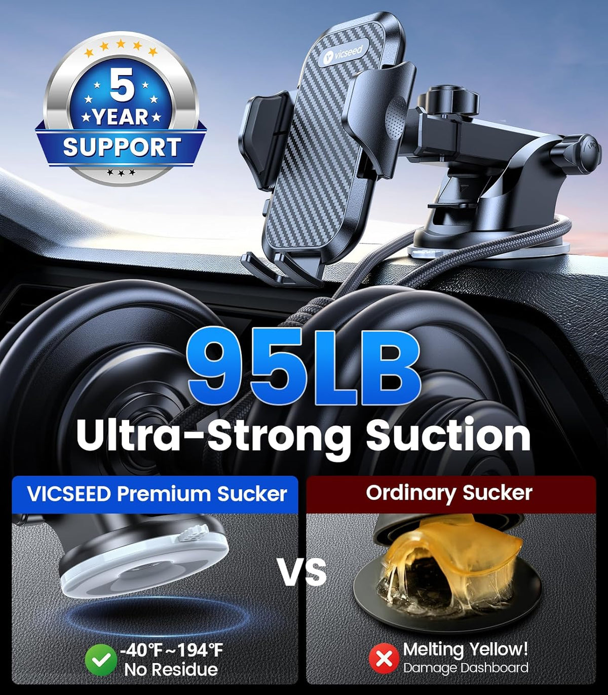 VICSEED 2026 Ultimate Sturdy Car Phone Holder [Upgraded 95+LBS Strongest Suction] Universal Long Arm Cellphone Mount for Car Dashboard Windshield Vent Truck Boat for iPhone 17 16 Pro Max & Android