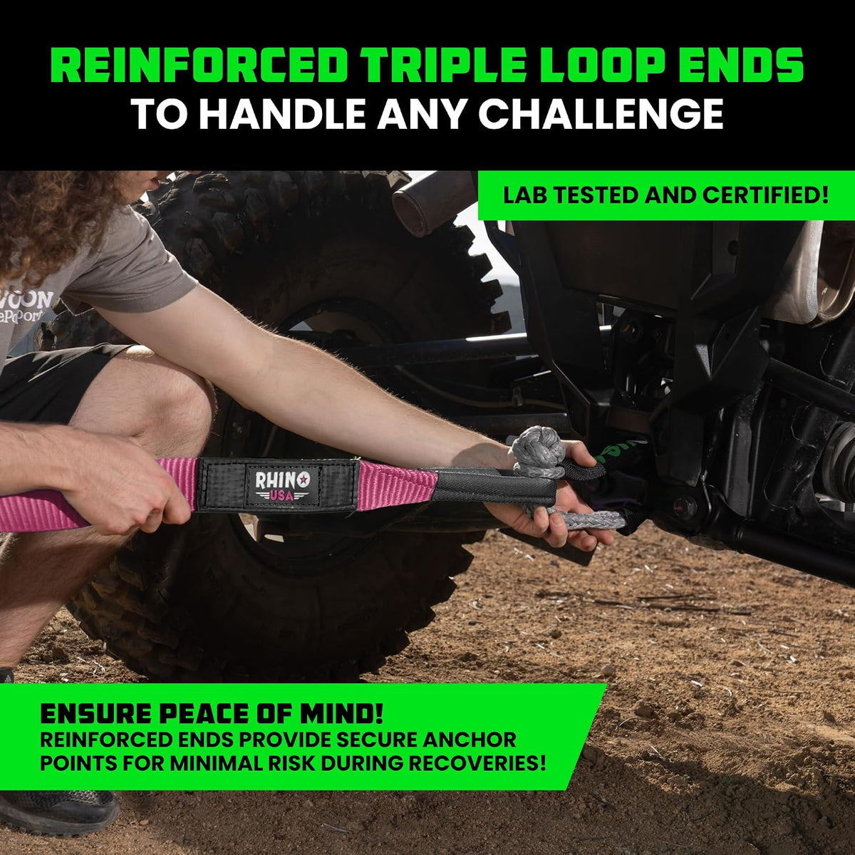Rhino USA Recovery Tow Strap (3" x 20') - 31,518lb Break Strength - Emergency Recovery Strap Tow Rope for Truck, UTV, ATV & More - Heavy Duty Towing Strap for Offroad 4x4 Use - Compatible with Jeep