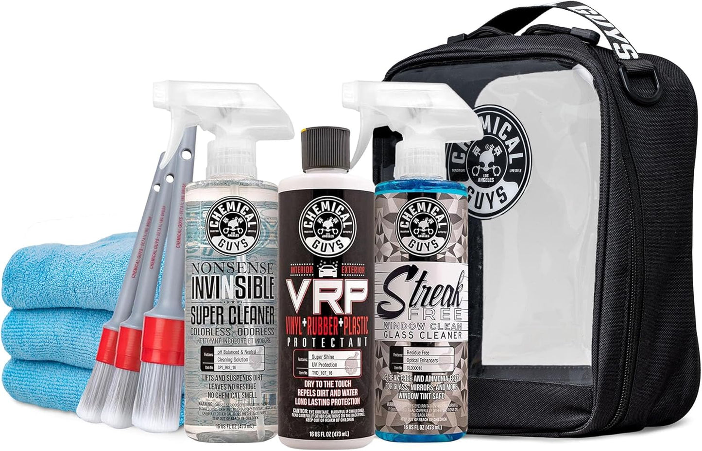 Chemical Guys Car Interior Detailing Kit - VRP Protectant, Nonsense Cleaner, Streak Free Glass Cleaner, 3 Detailing Brushes, 3 Towels, 2 Applicators, 11-Items
